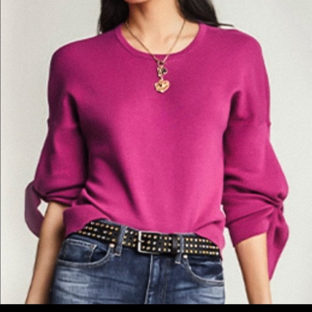CAbi Magenta Crewneck Tie-Sleeve Sweater